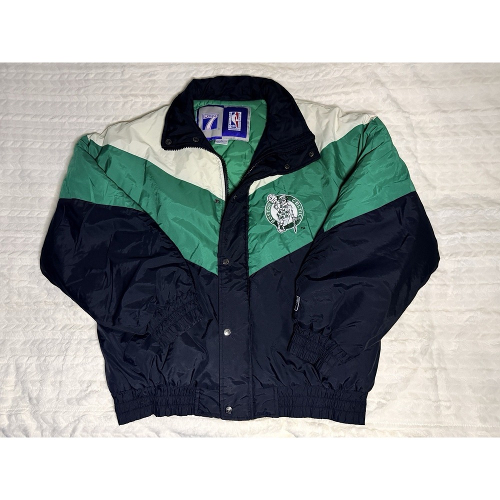 NBA 80'sBoston Celtics Logo 7 Green White Black Puffer Basketball Jacket SZLARGE